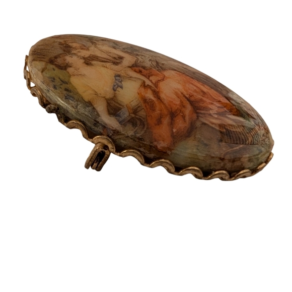 RENAISSANCE REVIVAL Transferware 1950 Painting Brooch Vintage Cameo Brooch Pin - Picture 3 of 8